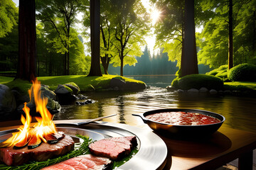 Outdoor BBQ by Scenic Forest and River
