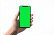 © keisuke - 緑色の画面スマホを持つ手、グリーンバック素材、モックアップ