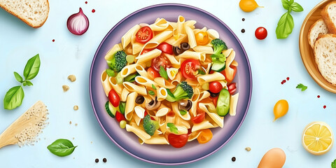 Wall Mural - Pasta salad with vegetables dressed on a white plate