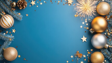 Wall Mural - Blue Background with Gold Christmas Ornaments  Sparkler  Pine  and Confetti