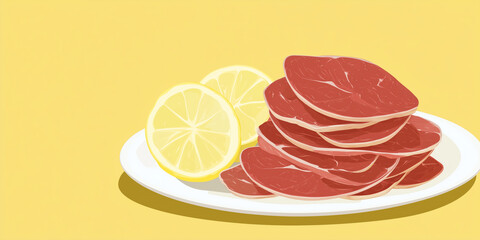 Wall Mural - Bresaola slices stacked in a pile next to lemon wedges on a plate