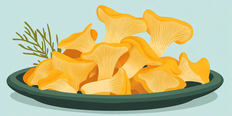 Wall Mural - Chanterelle mushrooms placed in a small pile on a serving platter