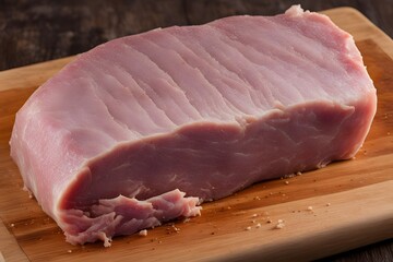 Wall Mural - A raw pork loin untrimmed with visible fat cap resting on a wooden cutting board, AI Generated