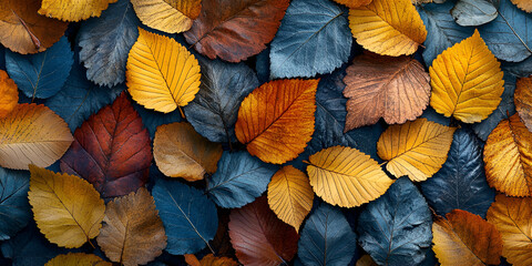 Wall Mural - Colorful autumn leaves arranged artistically on a surface, showcasing vibrant hues of gold, orange, and blue