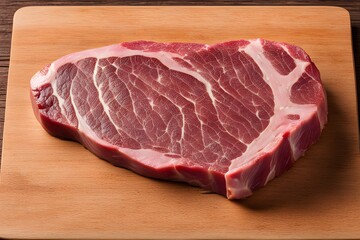 Canvas Print - A raw sirloin steak with clear marbling resting on a wooden surface, AI Generated