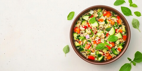 Poster - Quinoa salad in a bowl consisting of cooked quinoa, chopped vegetables, herbs, and nuts