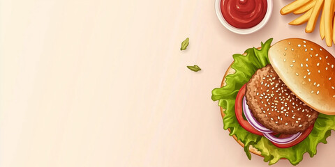 Wall Mural - Turkey patty on a whole wheat bun with lettuce, tomato, and onions with fries