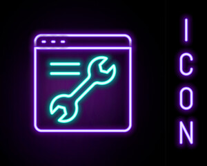 Sticker - Glowing neon line Browser setting icon isolated on black background. Adjusting, service, maintenance, repair, fixing. Colorful outline concept. Vector