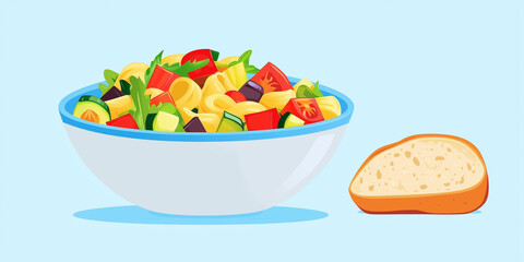 Wall Mural - Pasta salad with mixed vegetables and dressing, served with a slice of bread