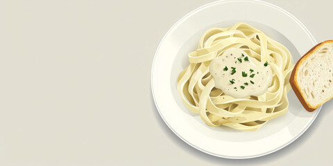 Poster - Fettuccine in Alfredo sauce with a slice of bread on a white plate