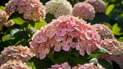 A beautiful pink hydrangea bush blooms amidst lush garden greenery, with delicate petals in soft pink hues contrasted by rich foliage and dappled sunlight, creating a serene and tranquil scene.