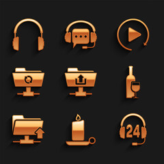 Poster - Set FTP folder upload, Burning candle in candlestick, Headphone for support, Wine bottle with glass, and sync refresh icon. Vector