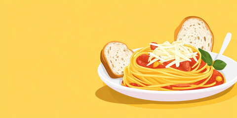 Wall Mural - Spaghetti noodles with marinara sauce and grated cheese, served on a plate with breadsticks