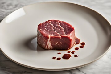 Canvas Print - A thick raw filet mignon perfectly round and marbled placed on a ceramic plate, AI Generated