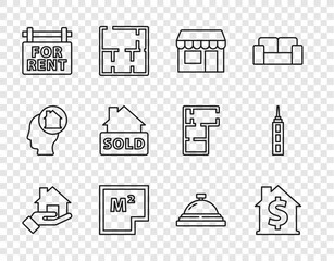 Sticker - Set line Realtor, House with dollar symbol, Market store, plan, Hanging sign For Rent, text Sold, Hotel service bell and Skyscraper icon. Vector