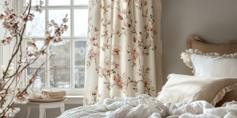 Sticker - Floral curtains, white bedding, and a window.