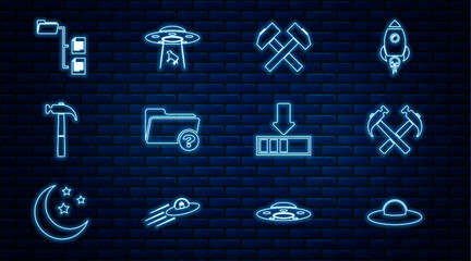 Sticker - Set line UFO flying spaceship, Two crossed hammers, Unknown directory, Hammer, Folder tree, Loading and abducts cow icon. Vector