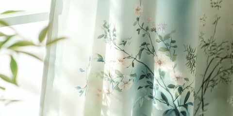 Sticker - White floral curtain with green leaves.