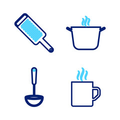 Sticker - Set line Coffee cup, Kitchen ladle, Cooking pot and Grater icon. Vector