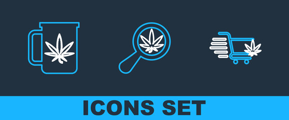 Sticker - Set line Shopping cart with marijuana, Cup tea and Magnifying glass and icon. Vector