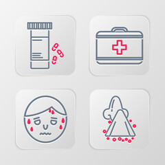 Wall Mural - Set line Runny nose, Man with excessive sweating, First aid kit and Medicine bottle and pills icon. Vector