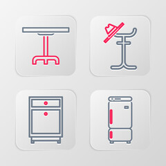 Sticker - Set line Refrigerator, Furniture nightstand, Coat and Round table icon. Vector