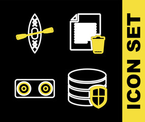 Sticker - Set line Delete file document, Database protection, Stereo speaker and Kayak and paddle icon. Vector