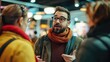 © SSTC AI Photo&Video - A business professional wearing glasses passionately discusses ideas with colleagues during a conference, fostering collaboration and networking..