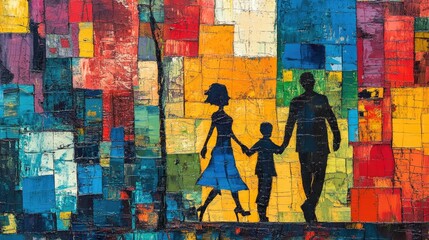 Captured moment of a family walking in a colorful city street, representing love and togetherness amidst urban vibrancy.