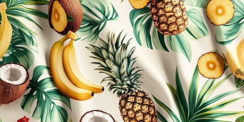 Wall Mural - Tropical fruits and leaves on a white background.