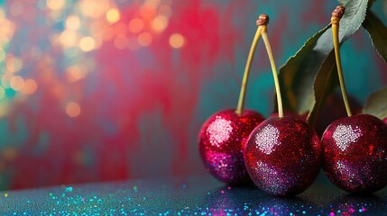 Cherries made of disco balls glisten on a bold, colorful backdrop, perfect for a fun and whimsical design theme.