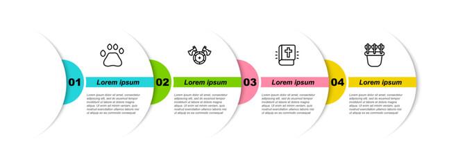 Sticker - Set line Bear paw footprint, Medieval shield with axe, Holy bible book and Quiver arrows. Business infographic template. Vector