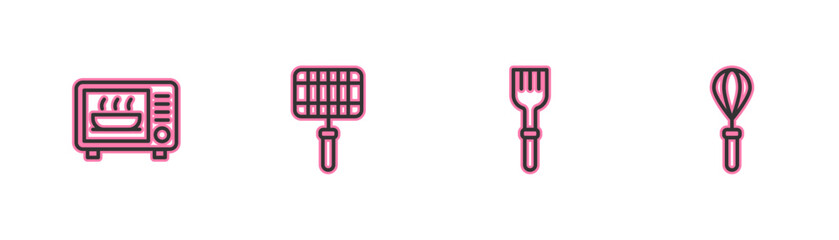 Poster - Set line Microwave oven, Fork, Barbecue steel grid and Kitchen whisk icon. Vector