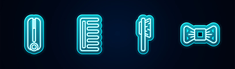 Wall Mural - Set line Curling iron for hair, Hairbrush, and Bow tie. Glowing neon icon. Vector