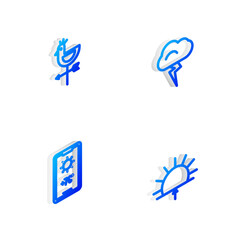 Sticker - Set Isometric line Storm, Rooster weather vane, Weather forecast and Sunrise icon. Vector