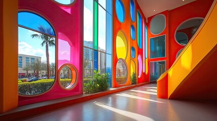 Artistic architectural structure with an emphasis on abstract shapes, bright colors, and innovative materials.