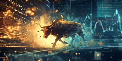 Canvas Print - Metallic bull charging through glowing digital data.