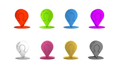 Sticker - Colorful Map marker with a silhouette of a person icon isolated on white background. GPS location symbol. Minimalism concept. 3D render illustration