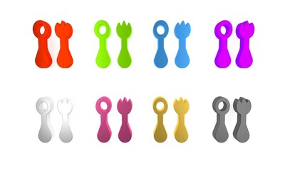 Sticker - Colorful Baby plastic cutlery with fork and spoon icon isolated on white background. Cutlery for kid. Childrens dining items. Minimalism concept. 3D render illustration