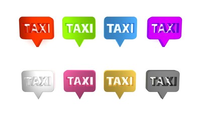 Poster - Colorful Map pointer with taxi icon isolated on white background. Location symbol. Minimalism concept. 3D render illustration