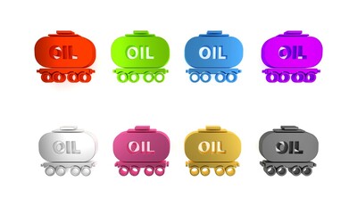 Wall Mural - Colorful Oil railway cistern icon isolated on white background. Train oil tank on railway car. Rail freight. Oil industry. Minimalism concept. 3D render illustration