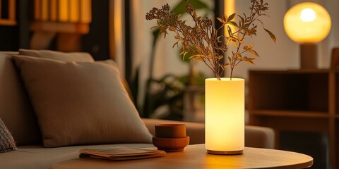 Poster - Warm lamp, book, and vase on table.