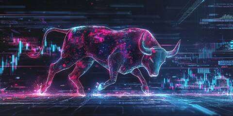 Canvas Print - Digital bull charging forward on a glowing screen.