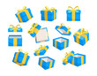 © Graphic Gurus - Set of blue gift boxes with yellow ribbons are floating and rotating, some of them are open and empty while others are closed