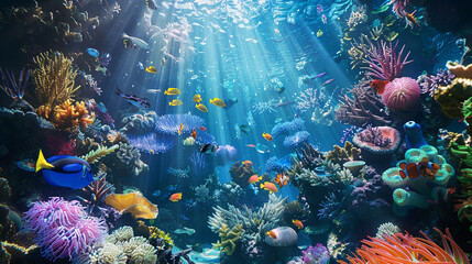 Seascape with colorful fishes in blue ocean. Corals, jellyfish and sun rays penetrating seawater