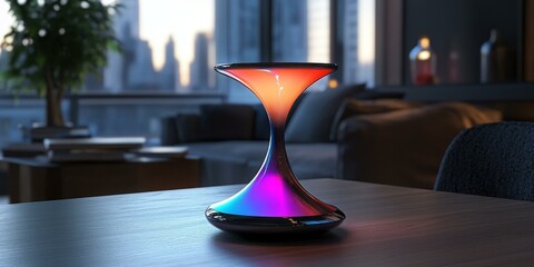 Poster - A colorful glass lamp sits on a wooden table.