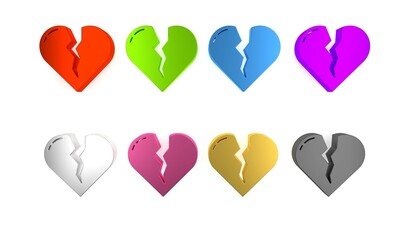 Poster - Colorful Broken heart or divorce icon isolated on white background. Love symbol. Valentines day. Minimalism concept. 3D render illustration