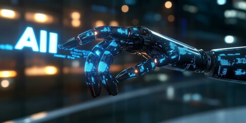 A robotic hand reaches for the word AI.