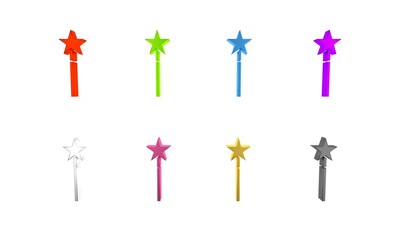 Sticker - Colorful Magic wand icon isolated on white background. Star shape magic accessory. Magical power. Minimalism concept. 3D render illustration