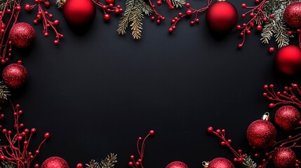 Poster - Christmas frame on black background with red christmas balls